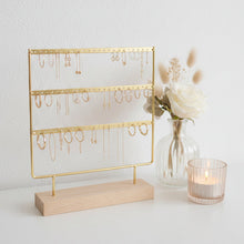 Charger l'image dans la galerie, Porte-boucles d’oreilles à 3 rangées en métal et bois or