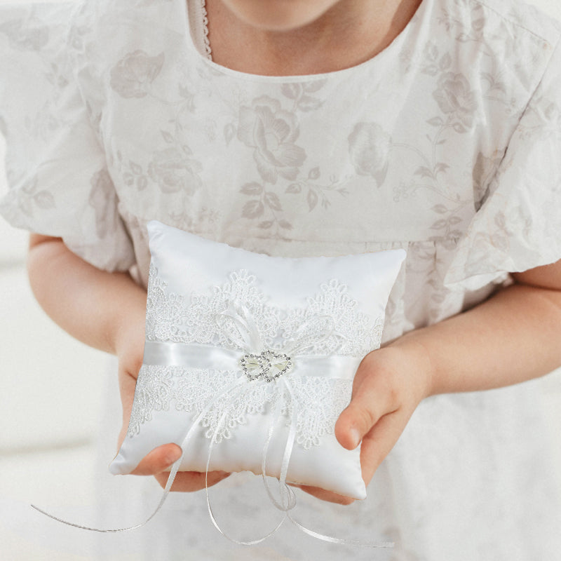 Coussin D'alliances Mariage - Dentelle Ancienne Et Soie Satin Blanc - Vintage