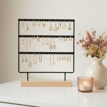 Charger l'image dans la galerie, Porte-boucles d’oreilles à 3 rangées en métal et bois noir
