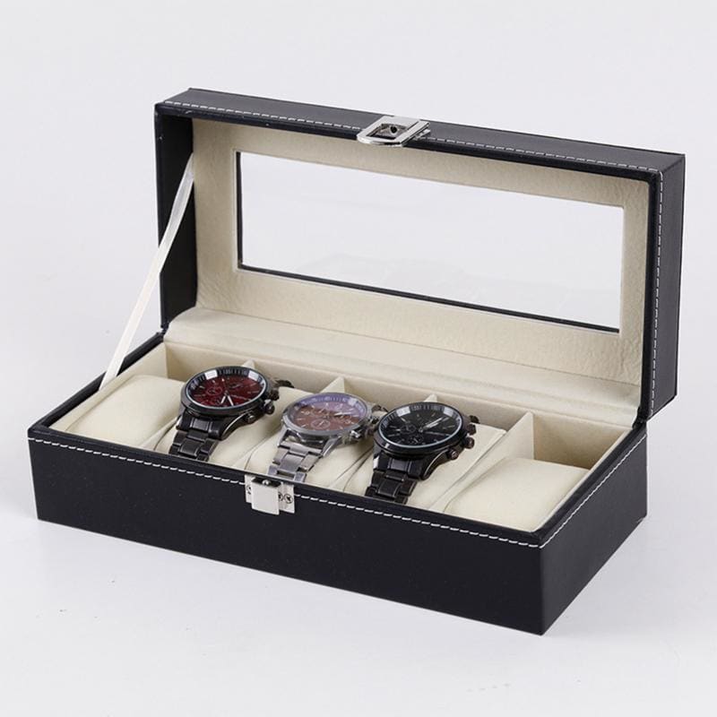 Boîte À Montres Avec Vitrine Gravée - Étui En Cuir Synthétique Noir Boîte À Montres Avec Vitrine Gravée - Étui En Cuir Synthétique Noir