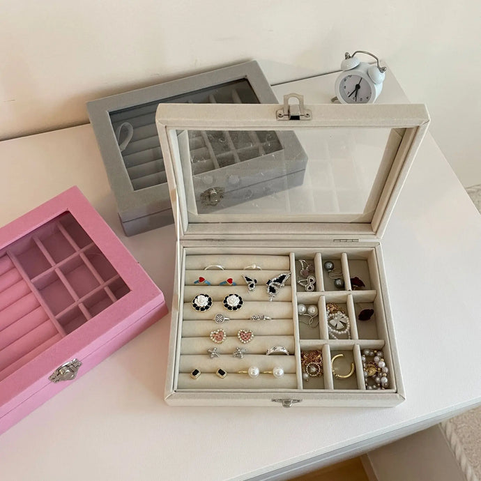 Boîtes à bijoux vitrée compartimentée en velours
