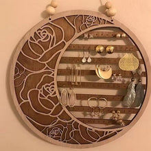 Charger l&#39;image dans la galerie, Porte-boucles d&#39;oreilles mural lune fleurie en bois
