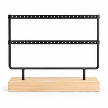 Charger l'image dans la galerie, Porte-boucles d'oreilles noir en métal et bois avec deux rangées, photographié de face sur fond blanc

