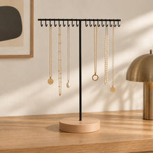 Charger l'image dans la galerie, Présentoir à colliers en bois et métal noir socle rond sur une commode
