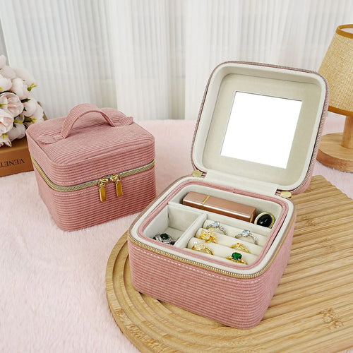 Trousses à bijoux de voyage en velours rose avec miroir