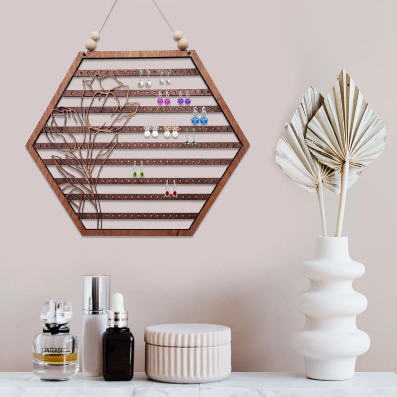 Organisateur De Bijoux Hexagonal En Bois Mural – Pour Boucles D’oreilles, Colliers – Déco Salon, Chambre, Vanité